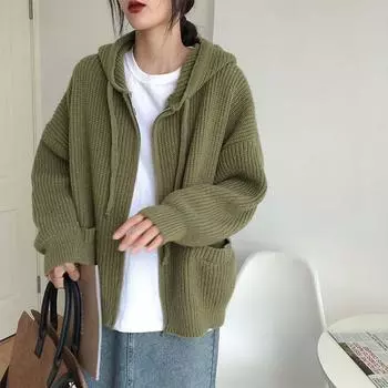 Женский свободный свитер с капюшоном, кардиган, пальто, однотонный вязаный топ One size зелёный
