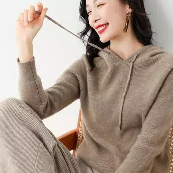 Женский свободный свитер с капюшоном - куртка-пуловер из пряжи Core-Spun на осень/зиму M