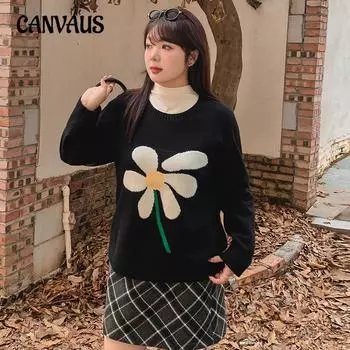 Женский свободный свитер с круглым вырезом больших размеров, осенне-зимний свободный жаккардовый вязаный свитер XL чёрный