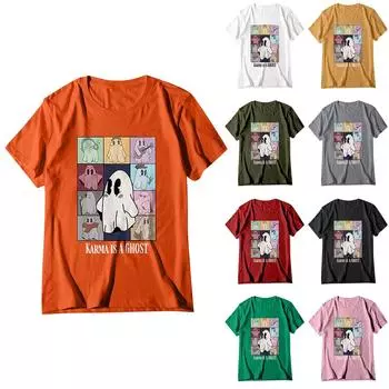 Женский свободный свитер с круглым вырезом и короткими рукавами с принтом призрака на Хэллоуин S чёрный