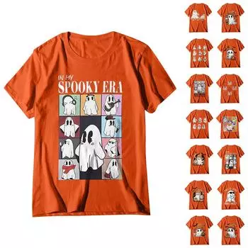 Женский свободный свитер с круглым вырезом и короткими рукавами с принтом призрака на Хэллоуин L бежевый