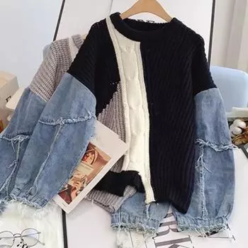 Женский свободный свитер с ленивым трикотажем, сшитый из денима, с рукавами, на осень и зиму 2XL чёрный