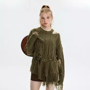 Женский свободный свитер с полыми отверстиями, длинный рукав, ленивый ветер, трикотаж для пары S зелёный