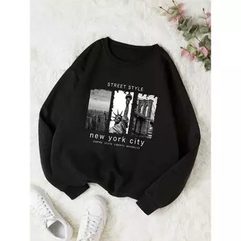 Женский свободный свитер с принтом и круглым вырезом, с длинными рукавами и бархатной толстовкой S