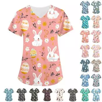 Женский свободный свитер с принтом пасхального яйца, V-образным вырезом, карманом, коротким рукавом XXXXL тёмно-синий