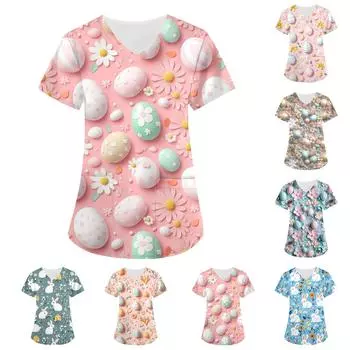 Женский свободный свитер с принтом пасхального яйца, V-образным вырезом, карманом, коротким рукавом XXXL циан