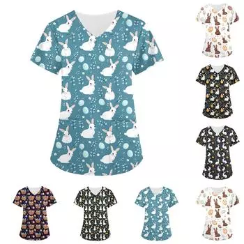 Женский свободный свитер с принтом пасхального яйца, V-образным вырезом, карманом, коротким рукавом L зелёный