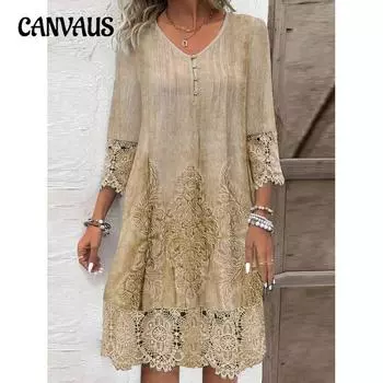 Женский свободный свитер с V-образным вырезом, повседневное однотонное кружевное платье, весна-лето