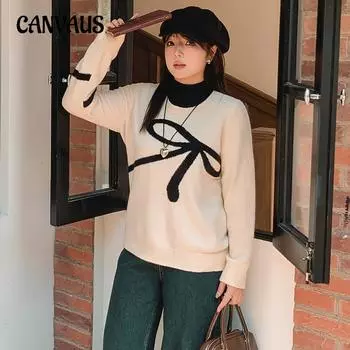 Женский свободный свитер с вышивкой в виде банта большого размера XL чёрный