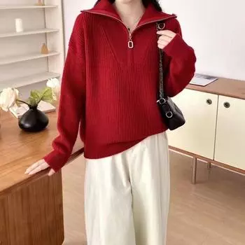 «Женский свободный свитер с застежкой-молнией на воротнике осень/зима 2024 года — уютный, простой, непринужденный стиль» One Size красный