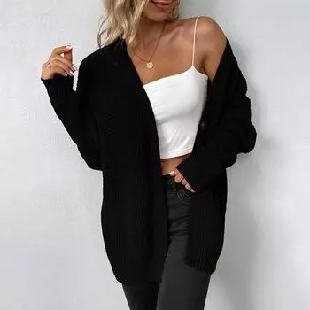 Женский свободный свитер средней длины, кардиган, осень-зима, однотонное пальто с v-образным вырезом, модная женская уличная одежда, свободная куртка S красный