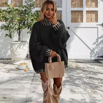 Женский свободный свитер-свитер с высоким воротом и длинным рукавом в стиле пэчворк, зимние вязаные топы свободного кроя, утолщенные трикотажные топы L белый