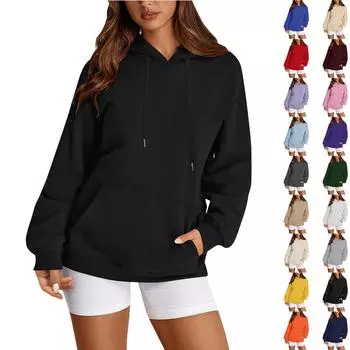 Женский свободный свитшот с круглым вырезом и длинными рукавами, повседневный свободный крой на шнурке L синий