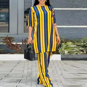 Женский свободный топ А-типа большого размера с круглым вырезом и средними рукавами в полоску, комплект из двух предметов M оранжевый