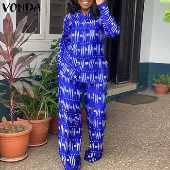 Женский свободный топ и брючный костюм большого размера с круглым вырезом и длинными рукавами с принтом M синий