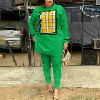 Женский свободный топ и брюки большого размера с круглым вырезом и длинным рукавом с принтом M ярко-розовый