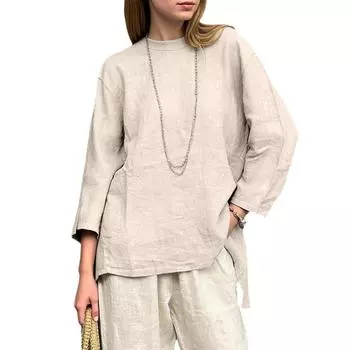 Женский свободный топ из хлопка и льна с ретро-принтом, круглым вырезом и длинными рукавами L хаки