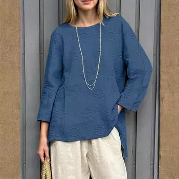 Женский свободный топ из хлопка и льна с ретро-принтом, круглым вырезом и длинными рукавами L темно-синий