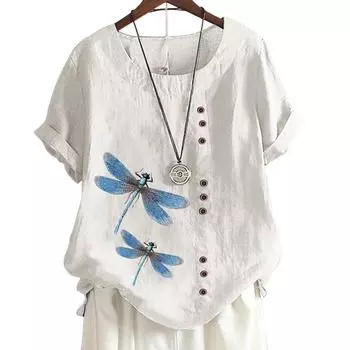 Женский свободный топ из хлопка с 7 художественными принтами, круглым вырезом, короткими рукавами и пуговицами S