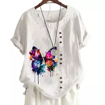 Женский свободный топ из хлопка с 7 художественными принтами, круглым вырезом, короткими рукавами и пуговицами S