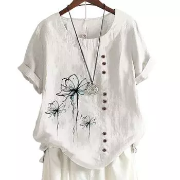 Женский свободный топ из хлопка с 7 художественными принтами, круглым вырезом, короткими рукавами и пуговицами S