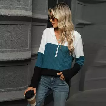 Женский свободный топ контрастного цвета с застежкой-молнией, капюшоном и длинными рукавами для осени и зимы S павлин голубой