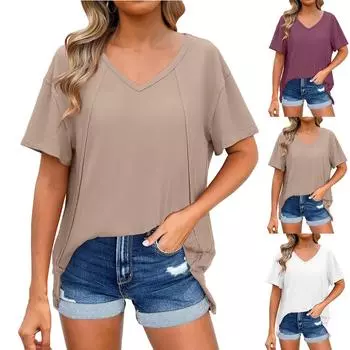 Женский свободный топ с коротким рукавом и V-образным вырезом, летние повседневные свободные рубашки-туники с разрезом, мода L чёрный