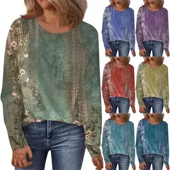 Женский свободный топ с круглым вырезом, цветочным принтом и длинными рукавами L синий