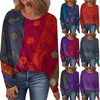 Женский свободный топ с круглым вырезом, цветочным принтом и длинными рукавами L циан