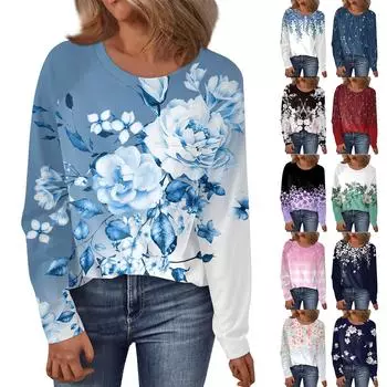 Женский свободный топ с круглым вырезом, цветочным принтом и длинными рукавами L чёрный