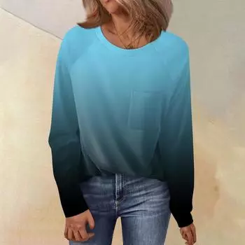 Женский свободный топ с круглым вырезом и градиентным принтом, рукавом реглан, длинным рукавом L синий