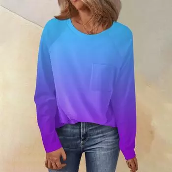 Женский свободный топ с круглым вырезом и градиентным принтом, рукавом реглан, длинным рукавом L синий