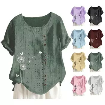 Женский свободный топ с круглым вырезом и пуговицами с принтом и короткими рукавами L армия зеленый