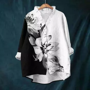 Женский свободный топ с оборками, цветочным принтом, воротником-стойкой и длинными рукавами из хлопка и льна L
