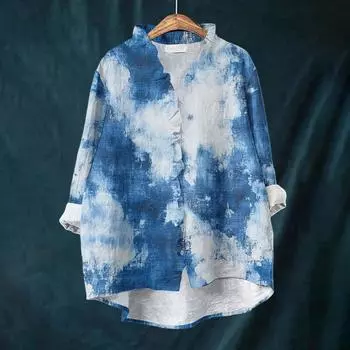 Женский свободный топ с оборками, цветочным принтом, воротником-стойкой и длинными рукавами из хлопка и льна L