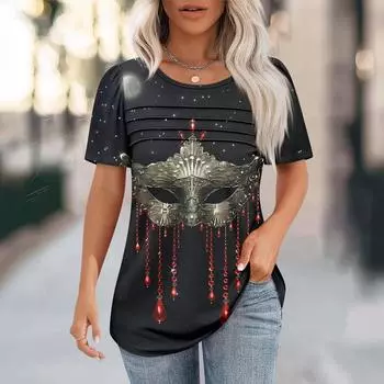 Женский свободный топ с принтом карнавальной маски, короткими рукавами и круглым вырезом, плиссированный L чёрный
