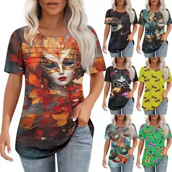 Женский свободный топ с принтом карнавальной маски, короткими рукавами и круглым вырезом, плиссированный M