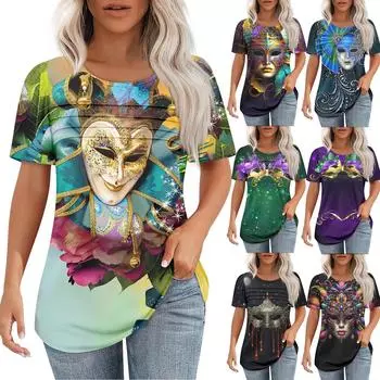 Женский свободный топ с принтом карнавальной маски, короткими рукавами и круглым вырезом, плиссированный XXL фиолетовый