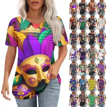 Женский свободный топ с принтом карнавальной маски, короткими рукавами и круглым вырезом, плиссированный S