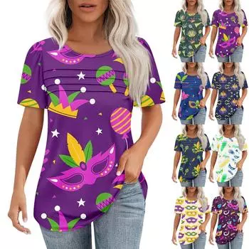 Женский свободный топ с принтом карнавальной маски, короткими рукавами и круглым вырезом, плиссированный XXXL синий