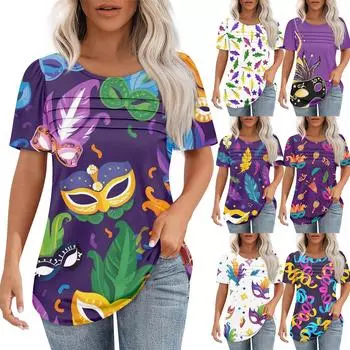 Женский свободный топ с принтом карнавальной маски, короткими рукавами и круглым вырезом, плиссированный M