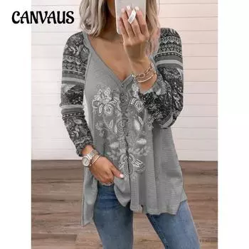 Женский свободный топ с V-образным вырезом и длинными рукавами на весну и осень S серый