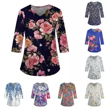 Женский свободный топ с V-образным вырезом и карманами и рукавами три четверти с принтом L