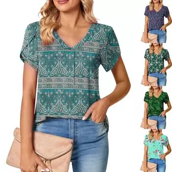 Женский свободный топ с v-образным вырезом и рукавами-лепестками, модный цветочный принт XXXL