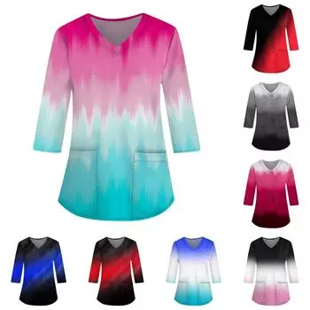 Женский свободный топ с V-образным вырезом и карманами и рукавами три четверти с принтом L чёрный