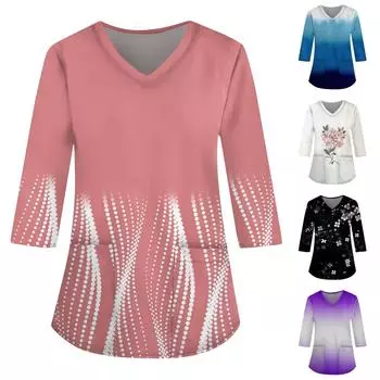 Женский свободный топ с V-образным вырезом и карманами и рукавами три четверти с принтом L чёрный