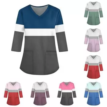 Женский свободный топ с V-образным вырезом и карманами и рукавами три четверти с принтом L синий