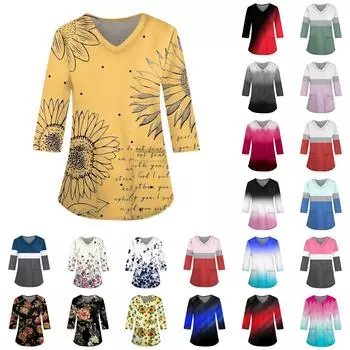 Женский свободный топ с V-образным вырезом и карманами и рукавами три четверти с принтом L