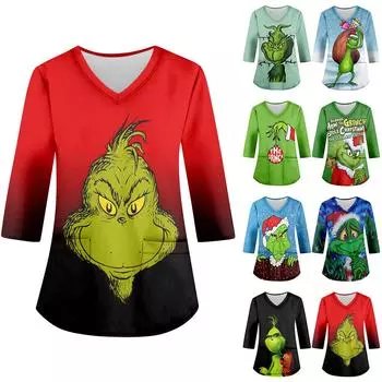 Женский свободный топ с V-образным вырезом и карманом, принтом рождественской елки, рукавом три четверти XXL