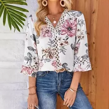 Женский свободный топ с V-образным вырезом и расклешенными рукавами в стиле «темперамент» с кружевом S белый